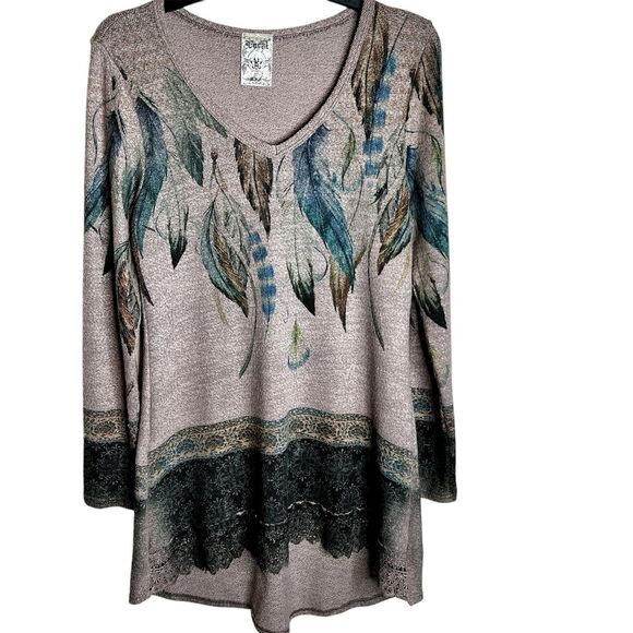 Vocal Women's Long Sleeve Tunic Top Sz M Lace Hi Low Hem Brown Blue Tones Knit - Picture 1 of 9